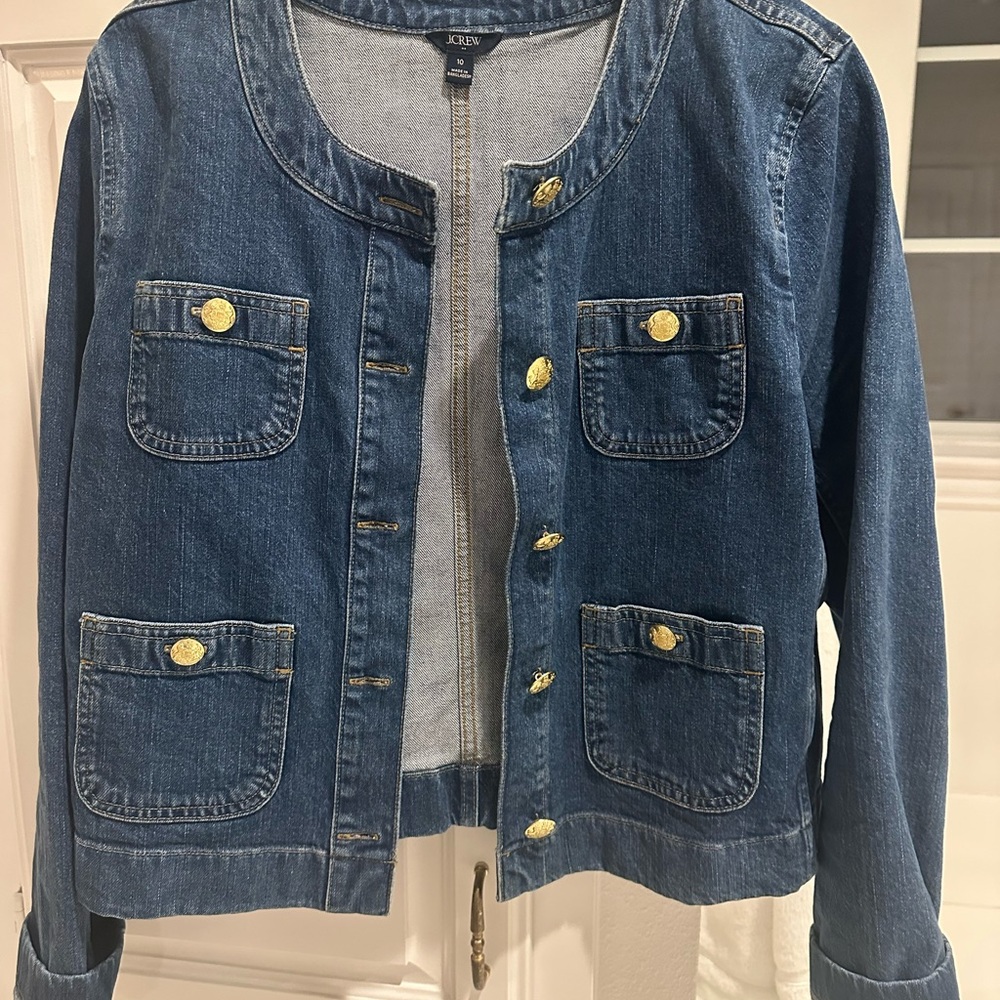 J. Crew Factory Collarless Dark Blue Denim Jacket with Gold Buttons